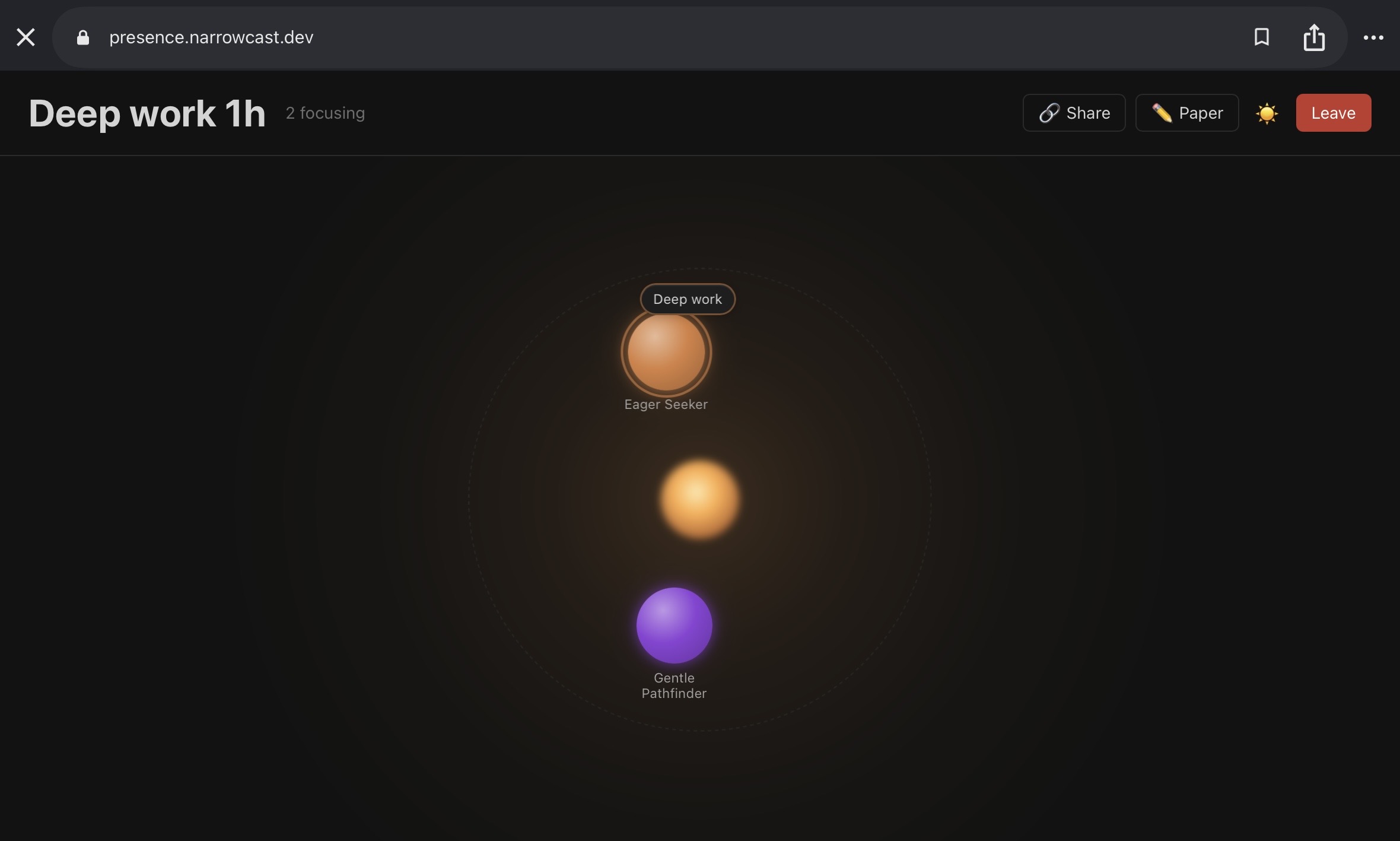 A presence focus room — "Deep work 1h" session with two other participants shown as ambient bubbles (Eager Seeker, Gentle Pathfinder). No video, no faces — just presence.